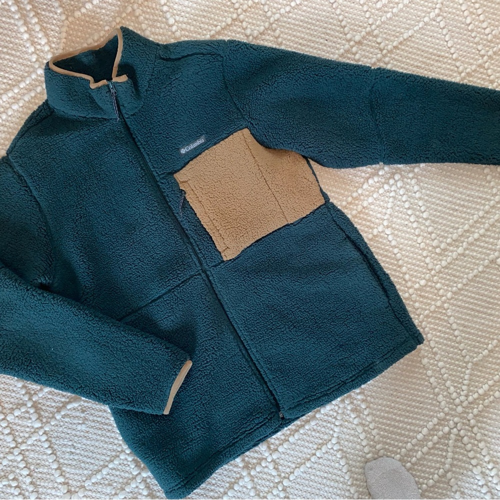 Columbia Teal Fleece Jacket with Tan Pocket